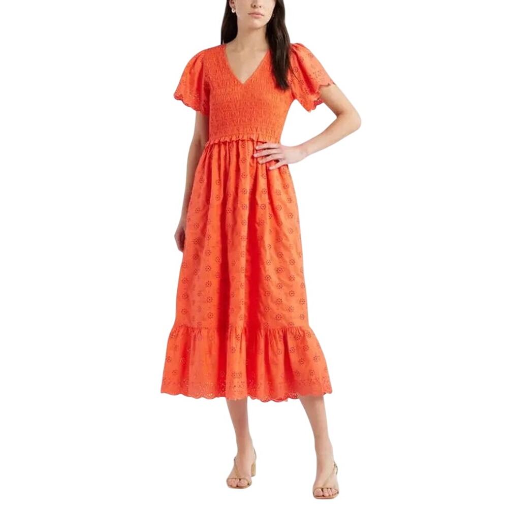 Caslon Coral Eyelet Smocked Midi Maxi Dress XS Flutter Sleeve Cotton NWT